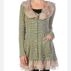 ModCloth Ryu Ruffle Sweater Coat Pink Green Medium
